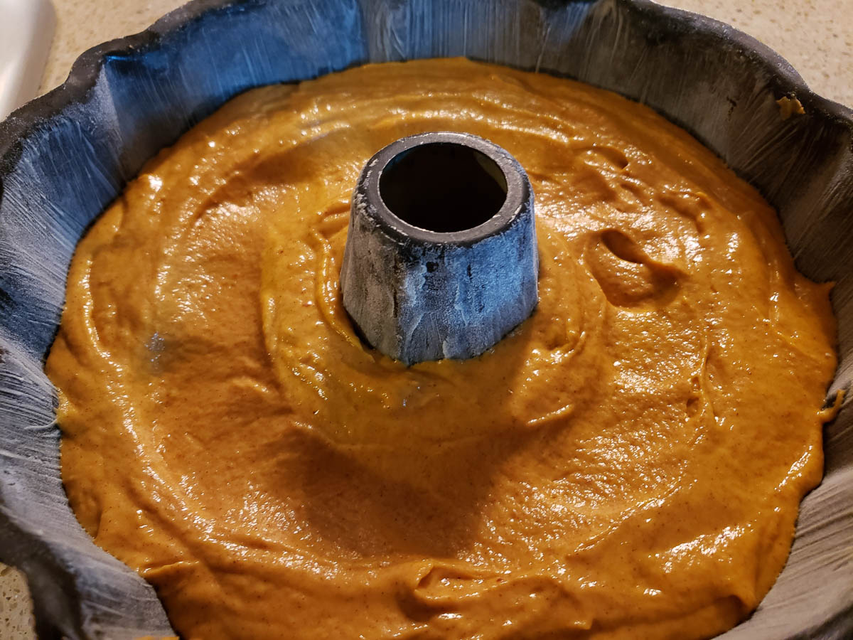Pumpkin Poundcake batter in Bundt pan