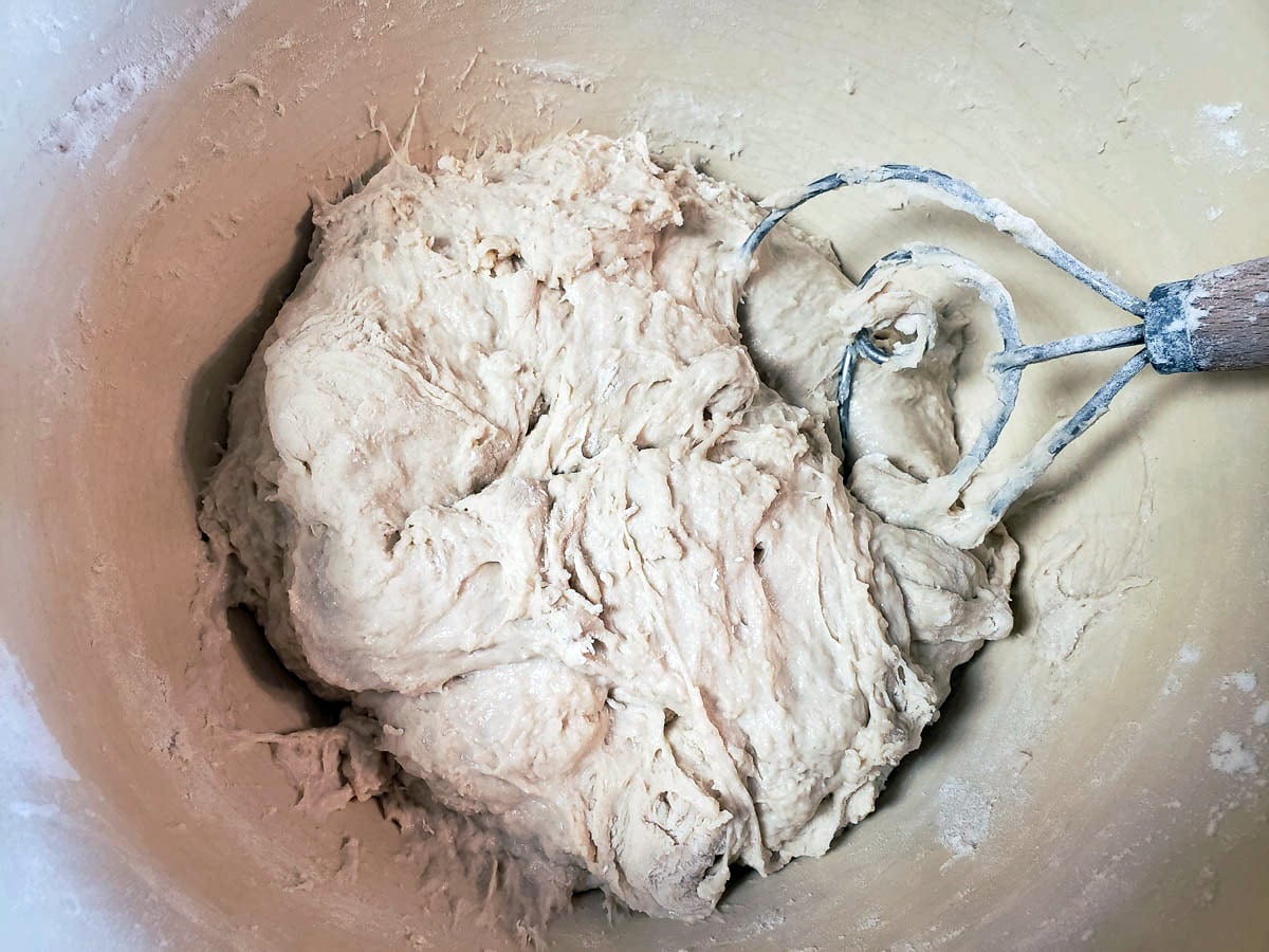 soft dough in mixing bowl with Danish dough hook