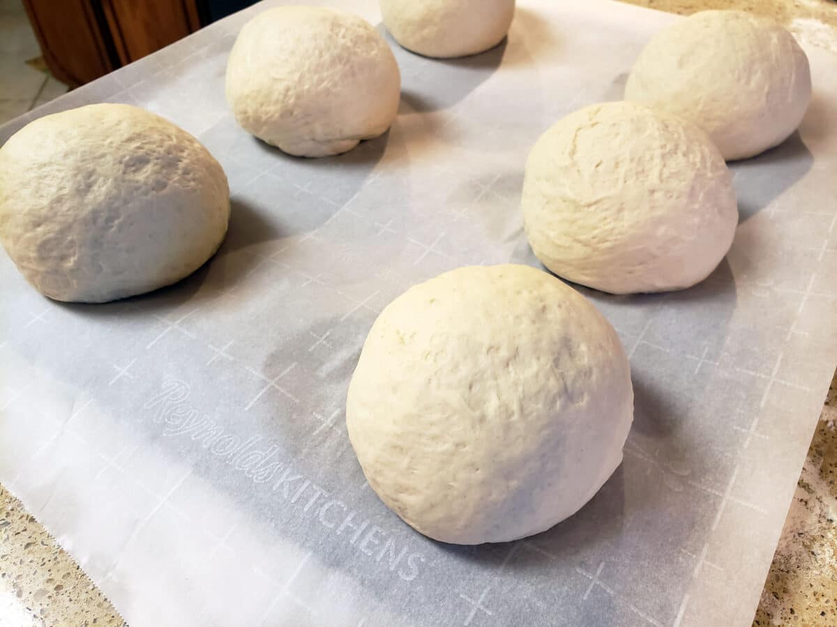 sourdough dough balls in parchment covered cookie sheet