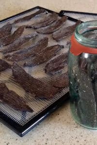 venison jerky on dehydrator tray and in glass jar
