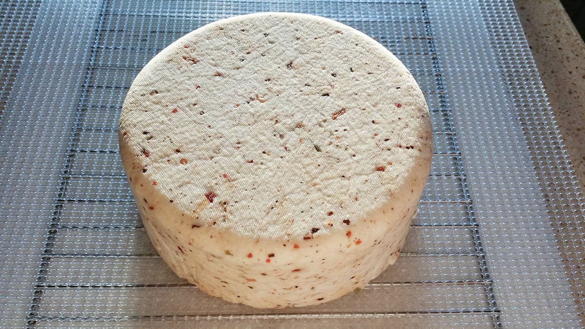 Pressed Pepper Jack Cheese drying on plastic mat