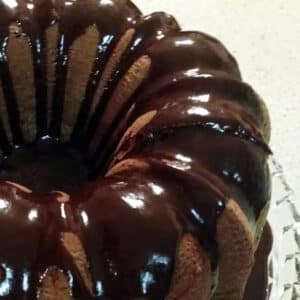 Chocolate Pound Cake with Chocolate Ganache on cake plate