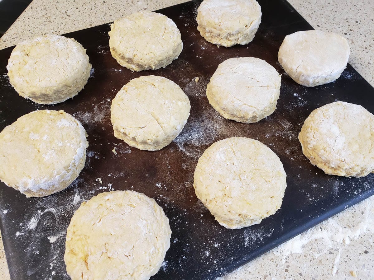 Unbaked scones on baking stone.