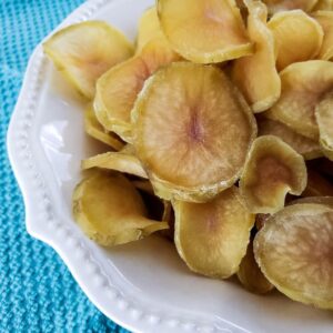 Dehydrated potato slices in white bowl.