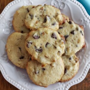 Sourdough Chocolate Chip Cookies on white plate.