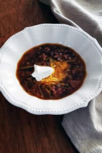 taco soup in white bowl.