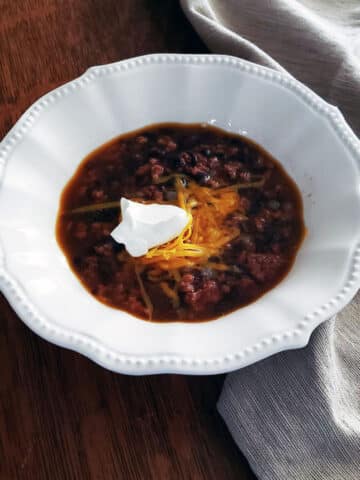 taco soup in white bowl.