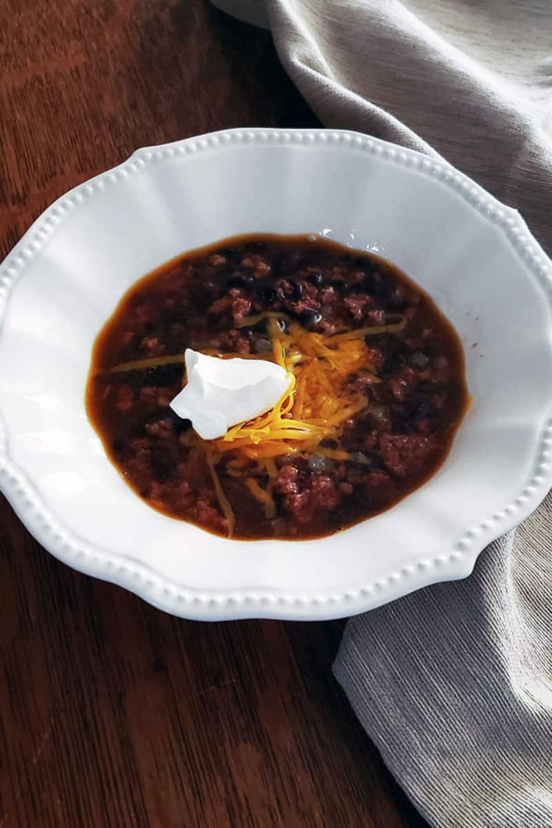 taco soup in white bowl.