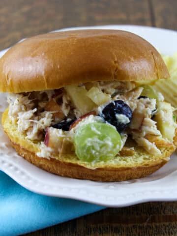 Chicken Salad with fruit and pecans on brioche bun on white plate.
