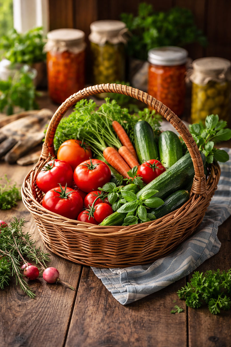 Basket of fresh garden vegetables with jars in rustic kitchen.