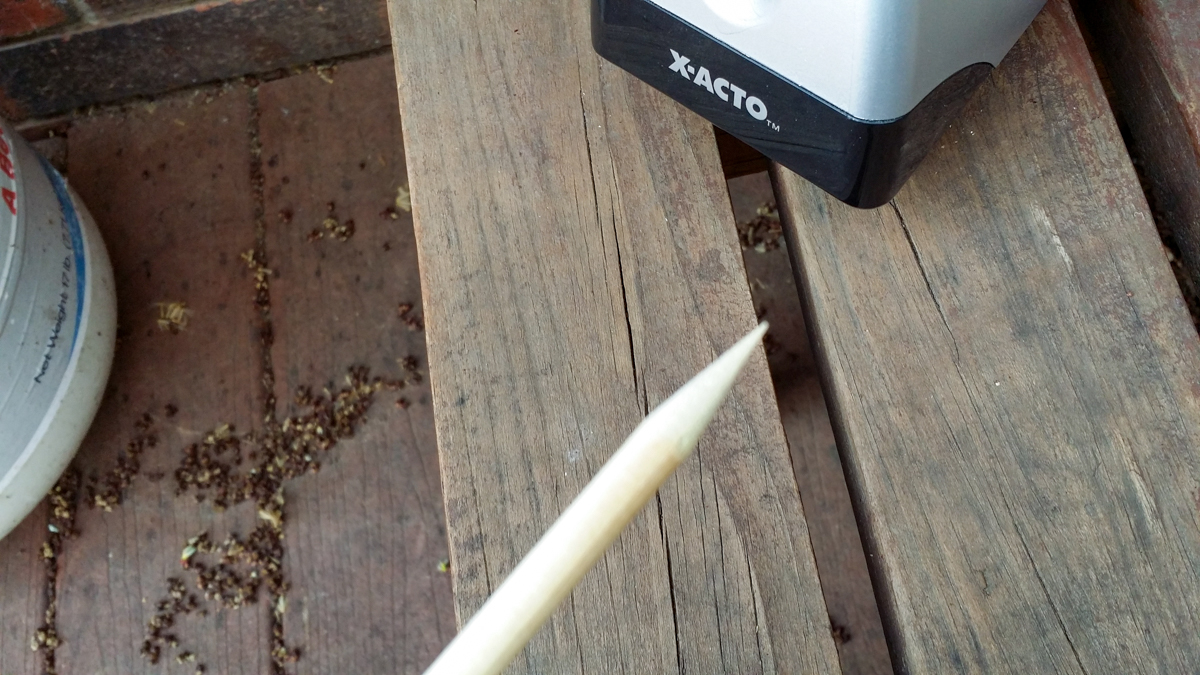 Sharpened end of a wooden dowel.