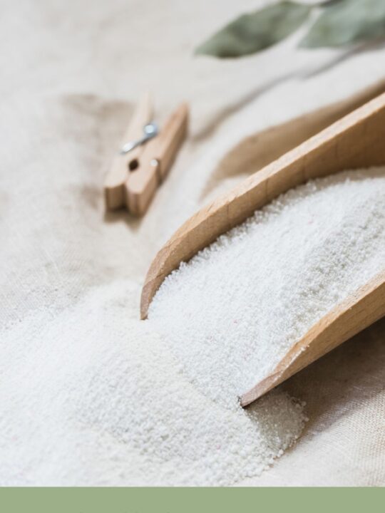 Homemade laundry powder with wooden scoop and clothes pins.