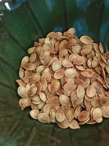 Roasted pumpkin seeds in green leaf bowl.